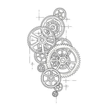 Industrial schematic tattoo of interlocking gears and cogs.