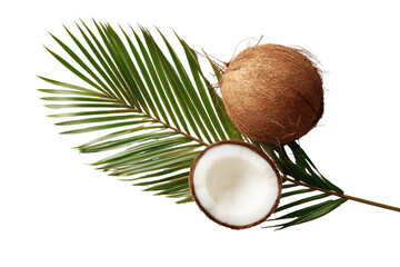 Two coconuts, one whole and one halved, rest atop a vibrant palm frond against a black background.  The whole coconut is a light brown, while the interior of the halved coconut is a creamy white.  