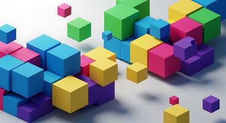 Obraz premium Vibrant arrangement of colorful cubes creating a dynamic geometrical composition for backgrounds or presentations,
