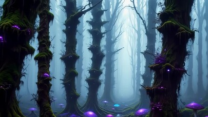 A mystical, fog-filled forest with gnarled trees, glowing purple fungi, and mossy textures - Powered by Adobe