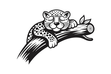 Leopard on Branch Illustration, Feline Wild Cat Black and White Clipart
