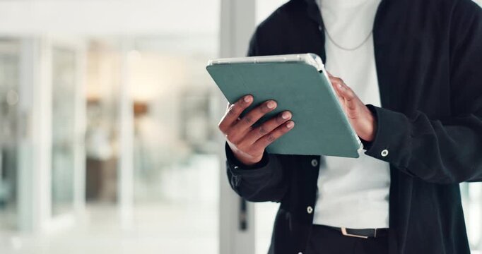Business, hands and man in office, tablet and content writer with email notification, app and article review. Person, proofreading or journalist with tech, online magazine or editor with social media