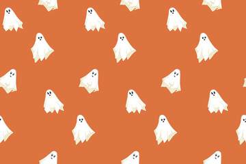 Seamless minimalist Halloween vector pattern with cute white ghosts on warm orange background. Template for seasonal wrapping paper, party decor, kids’ prints and autumn designs
