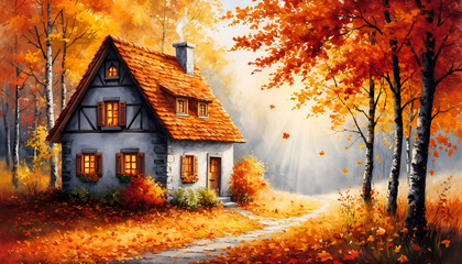 This idyllic painting is perfect for book covers, seasonal greeting cards, real estate advertising, and as beautiful wall art or a website banner for travel and lifestyle content.