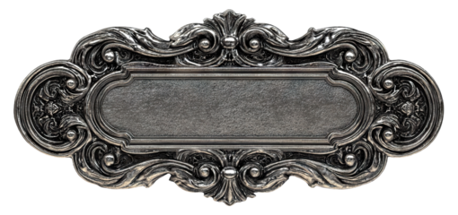 Vintage ornate silver tin nameplate with floral baroque decoration, isolated on transparent cutout background