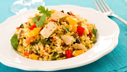 Colorful rice dish with chicken and vegetables