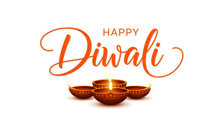 Happy diwali greeting with four diya lamps on a white background in a festive celebration image