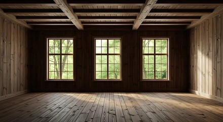Rustic Wooden Room Interior With Three Large Windows Overlooking Lush Green Trees