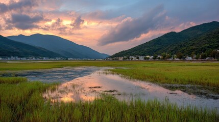 Tranquil valley wetland at sunset