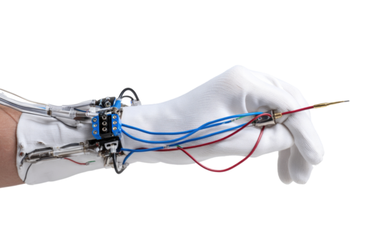 A robotic prosthetic hand, white glove, wires, and components.  The hand is holding a tool or stylus.  Small electronics, including a circuit board, are visible on the wrist