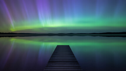A wooden dock extends into a calm lake reflecting the vibrant purple and green hues of the majestic aurora borealis dancing across the night sky
