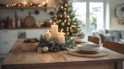 Cozy Scandinavian kitchen interior featuring wooden shelves adorned with candles, fir branches, string lights, and festive ornaments, creating a warm holiday atmosphere