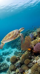Obraz premium Sea Turtle in Coral Reef Underwater Scene.