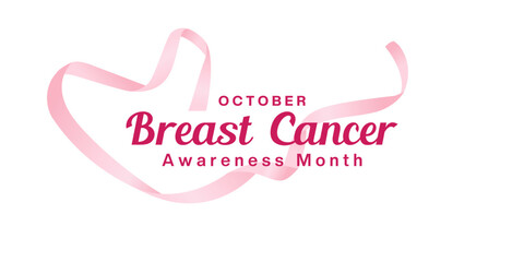 October is Breast Cancer Awareness Month. Heart shaped ribbon. Great for posters, banners and social media. White background.