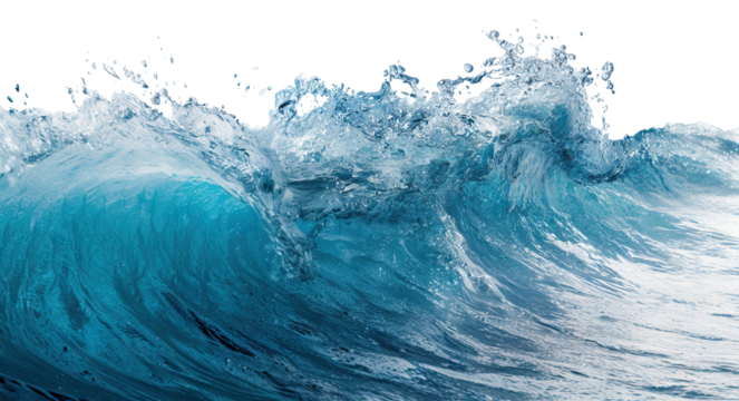 Powerful sea wave in motion with drops, isolated on transparent cutout background