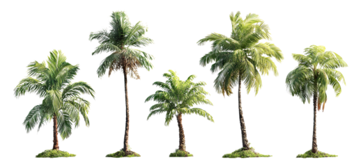 Set of tropical palm trees with lush green fronds, isolated on transparent cutout background