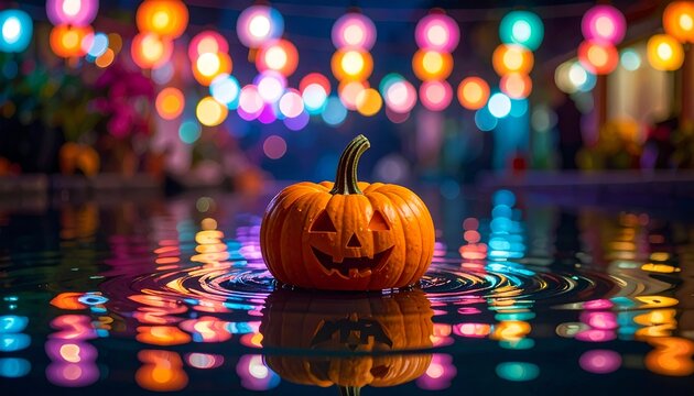 Macro of a miniature pumpkin floating on rippling dark water, reflecting eerie neon-c.