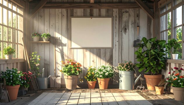 Sunlit potting shed interior with blank canvas and potted plants.