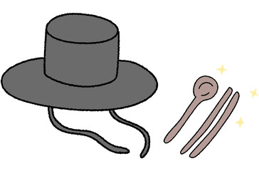 한국 전통 모자인 갓과 젓가락 수저 세트 일러스트