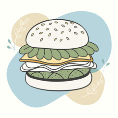 Cute hand drawn burger illustration with abstract background elements