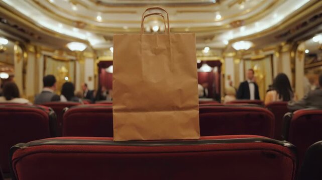 An Unexpected Interlude: Amidst an opulent theater setting, a solitary paper bag stands, introducing an unusual contrast of simplicity and extravagance.