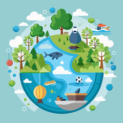 Naklejka premium Whimsical planet earth with nature and human activities