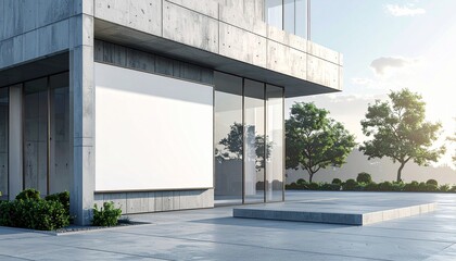 Obraz premium Modern building exterior with large windows and a blank white sign, surrounded by greenery and a concrete patio.