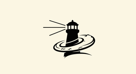 Stylized lighthouse icon emitting light beams on a circular base.