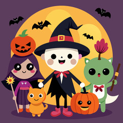 Cute halloween characters celebrate together under a full moon
