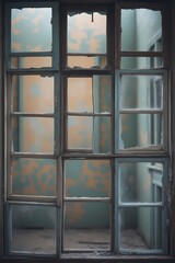 a professional vertical photography collage of fragmented windows with worn wooden frames and blurred glass showing various empty rooms with peeling paint and faded wallpaper symbolizing disconnection