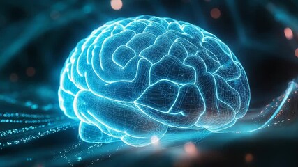 Glowing blue human brain processing data on dark background - Powered by Adobe