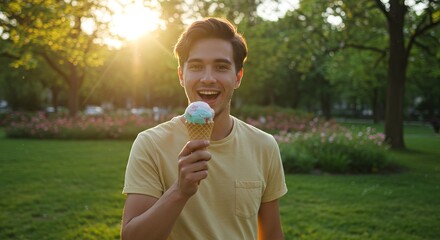 Fototapeta premium Caucasian man enjoying ice cream with a happy expression in a sunny park. Summer dessert concept for outdoor activities.