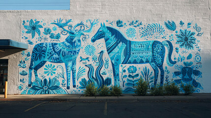 Vibrant blue mural featuring stylized deer and horse surrounded by intricate floral patterns on a textured wall, showcasing artistic expression and cultural significance