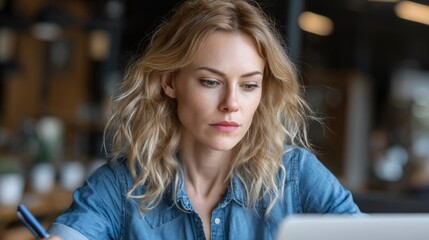 Woman engaged in selecting online courses while sitting in a modern workspace in the morning hours