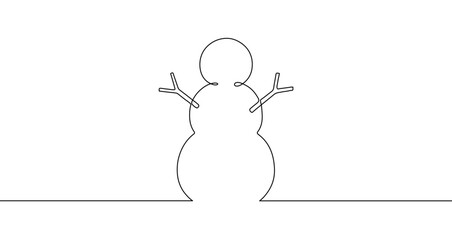 Snowman in one line art style. Snowman drawing with editable black stroke on white background. Vector illustration.