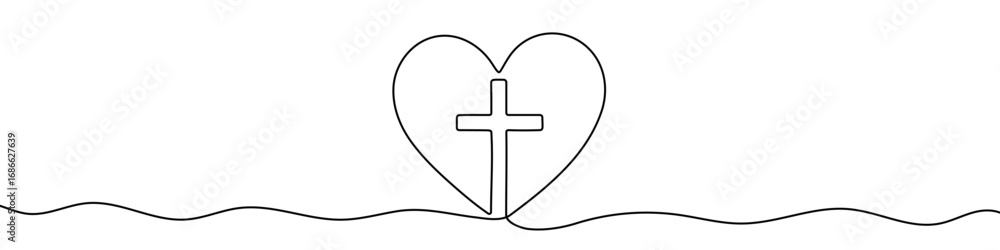 Poster heart with a cross in one line art style. drawing of a heart with a christian cross with an editable