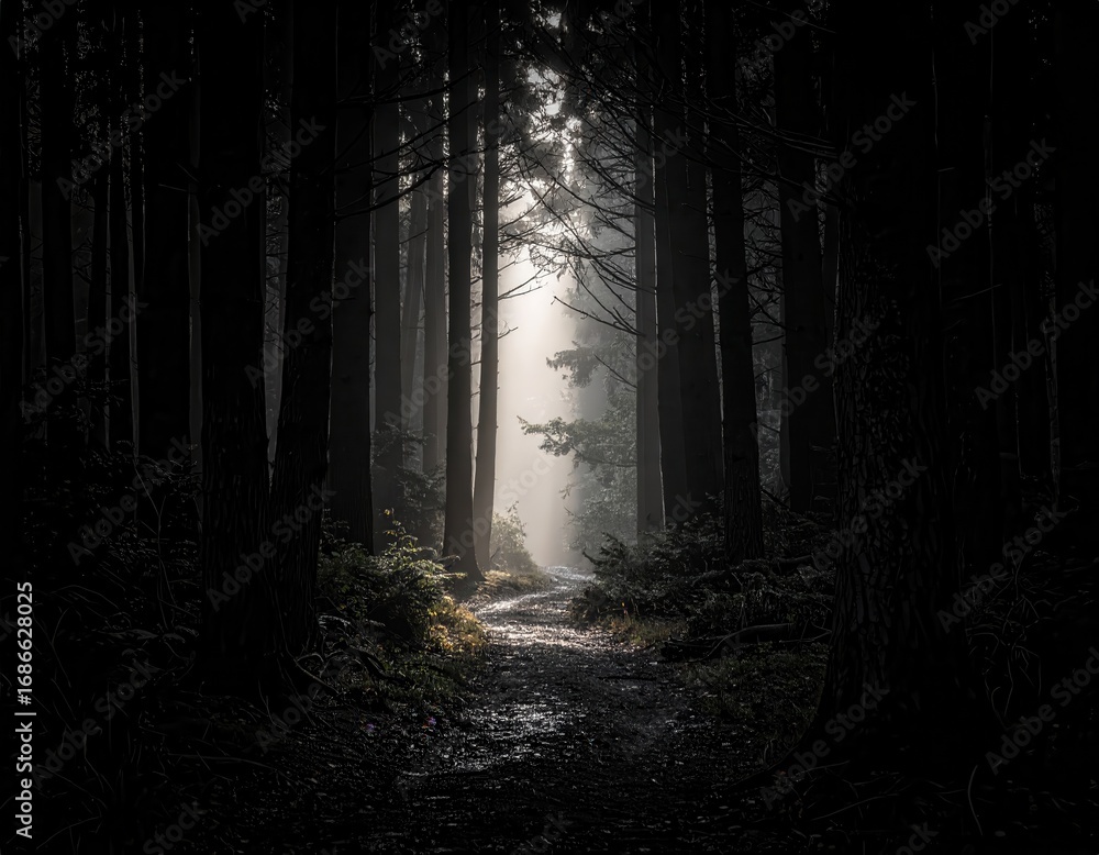 Aufkleber charcoal drawing showcasing a dark forest illuminated by a single magical light source amidst shadow