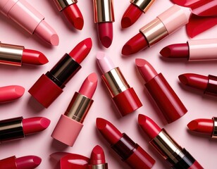 Obraz premium Liquid lipstick swatches displayed in rich shades of red and rose on a soft background showcase vibrant beauty options for makeup lovers