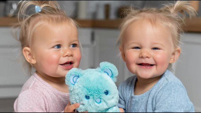 Twin toddlers share joy as they play with a fluffy blue bear in a cozy home setting