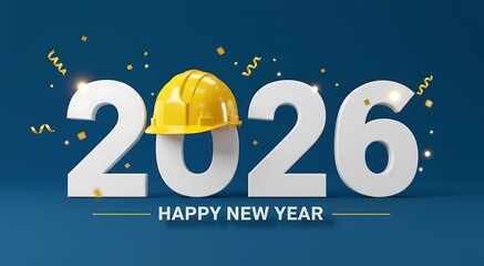 Happy New Year 2026 with a construction helmet, celebrating new beginnings for building and development projects