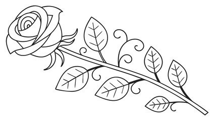 A Simple Line Drawing of a Single Rose with Leaves.