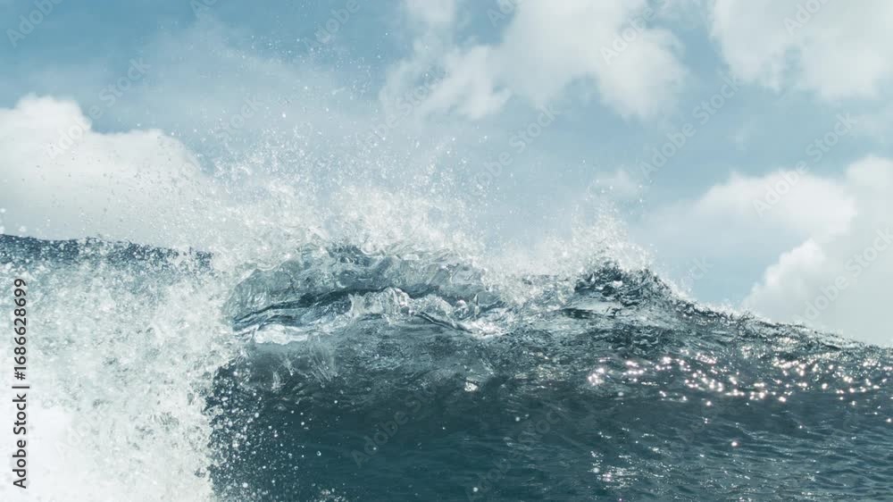 Poster turbulent wave breaks with force and spray, whitewater explodes into frame