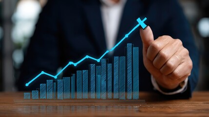 Ascending Chart Hand gestures towards a rising blue graph, emphasizing growth and success in a blurred background