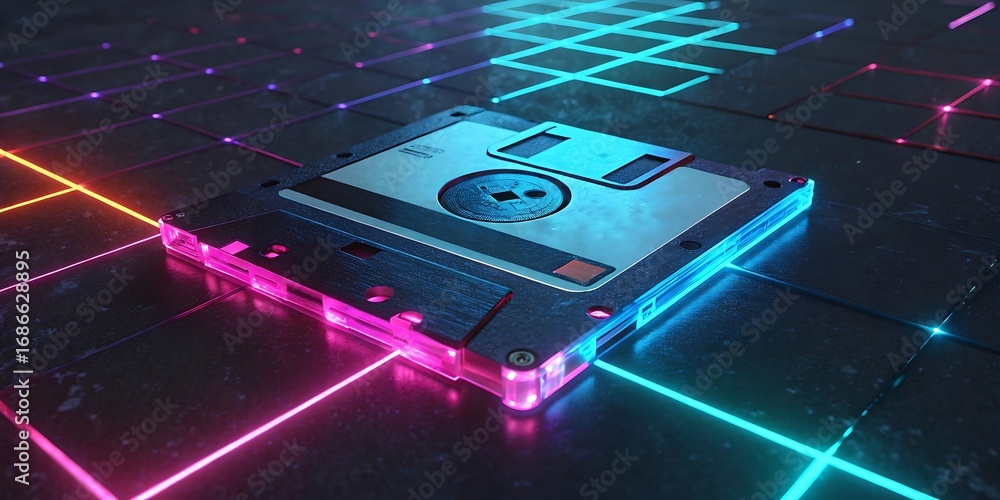 Poster futuristic circuit board with glowing neon lines and a central microchip, representing technology an