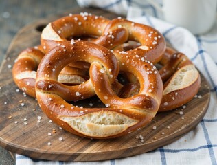 Freshly baked pretzels resting on wooden cutting board