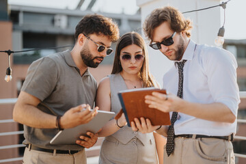 Three business people collaborating outdoors on a rooftop during sunset, reviewing information via a digital tablet and notebook in an engaging and collaborative environment.