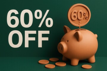 Discount banner featuring 60% OFF and a piggy bank, modern minimal style, attractive retail promo offer.