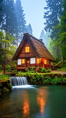 A charming wooden cottage nestled in a serene forest beside a flowing stream