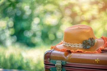 Ultra Hd Image of Packed Suitcase with Summer Hat Blurred Background with Copy Space