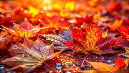 Maple leaves covered in water droplets on a rainy autumn day